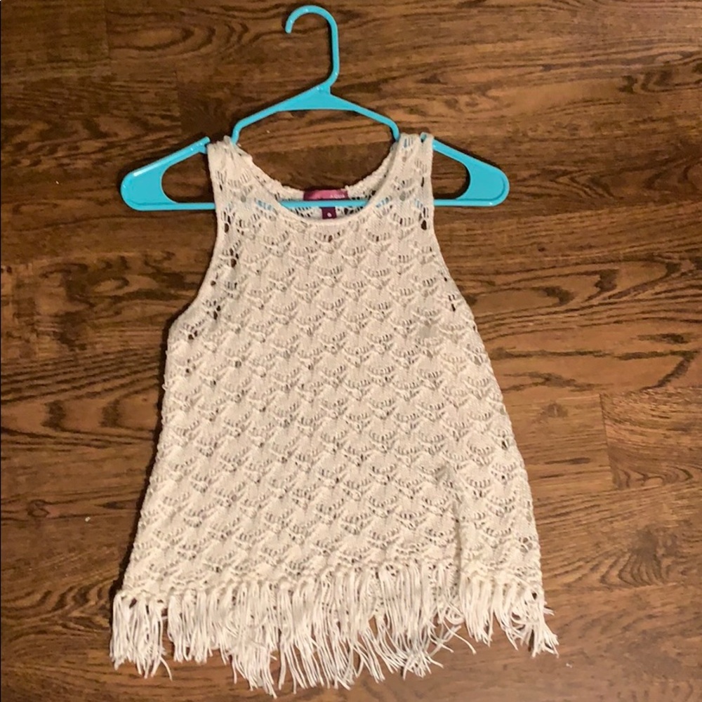 White knit tank top with fringe